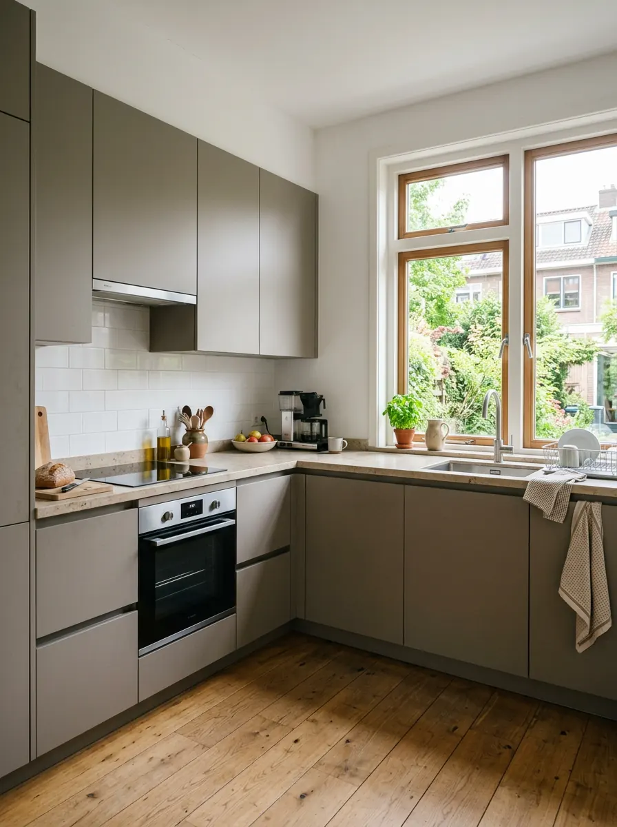 Hoekkeuken met kasten langs twee aansluitende wanden en een raam boven het aanrecht