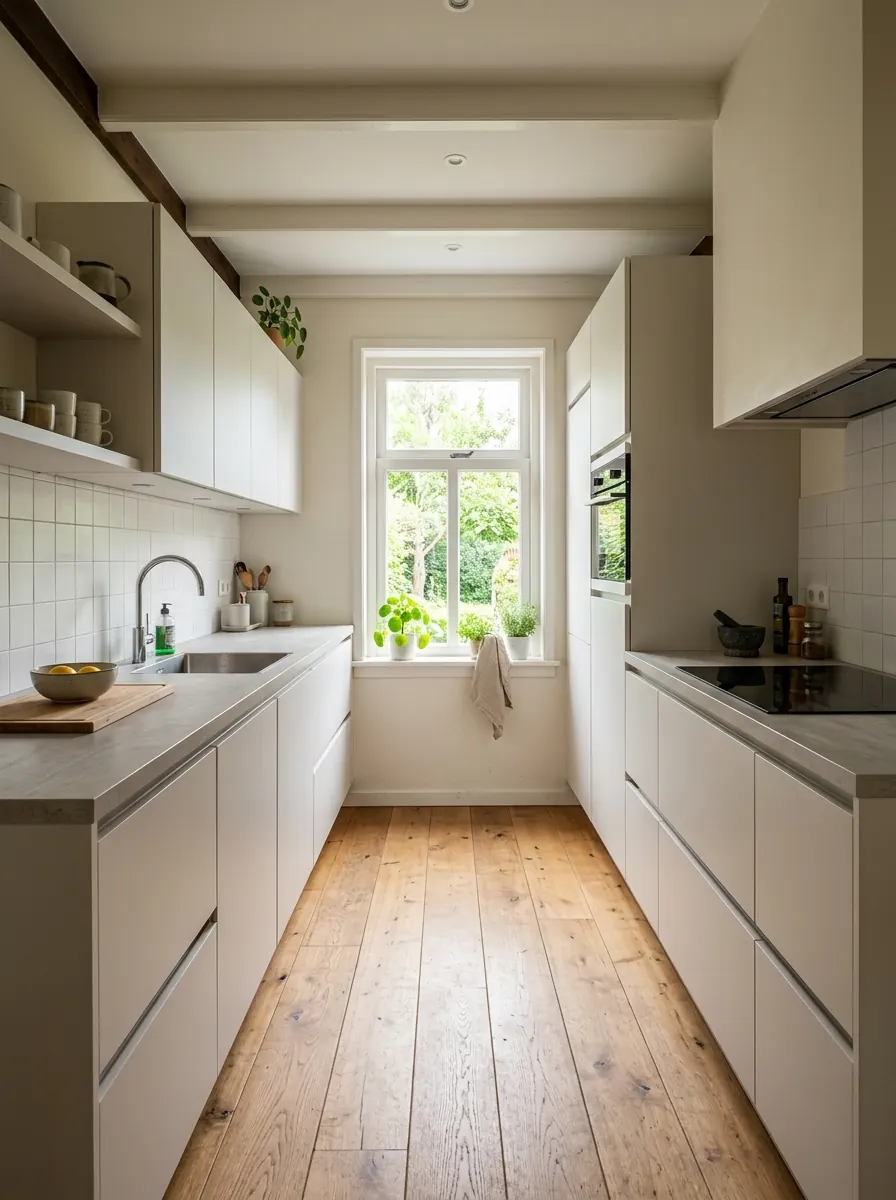 Parallelkeuken met twee tegenover elkaar liggende kastenrijen en een looppad ertussen