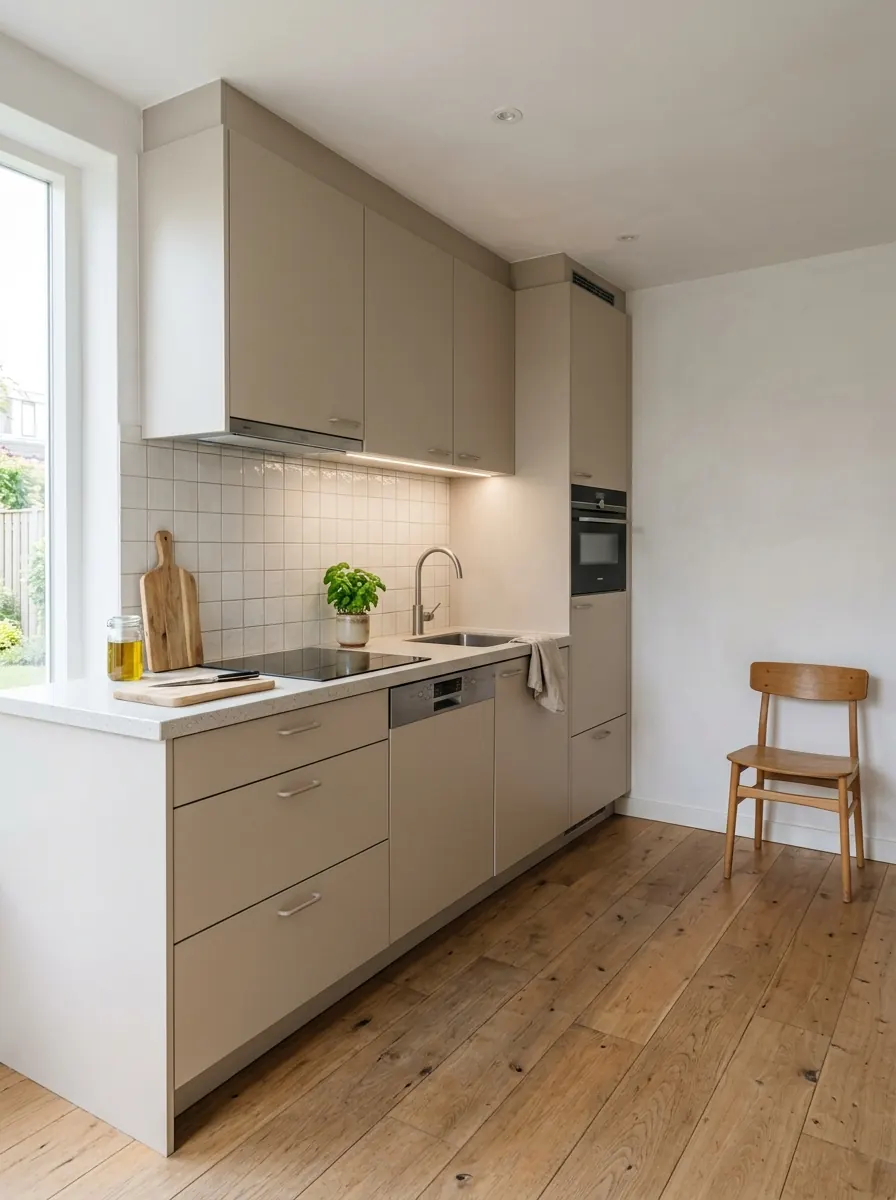 Rechte keuken met alle kasten, werkblad en apparatuur langs één wand