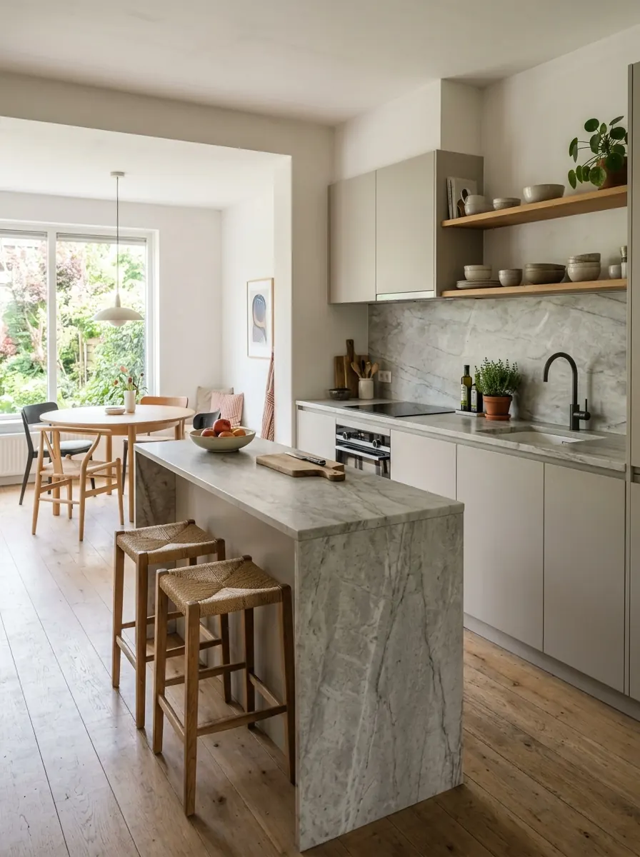 Keuken met schiereiland dat aan één zijde aan het aanrecht vastzit, met barkrukken