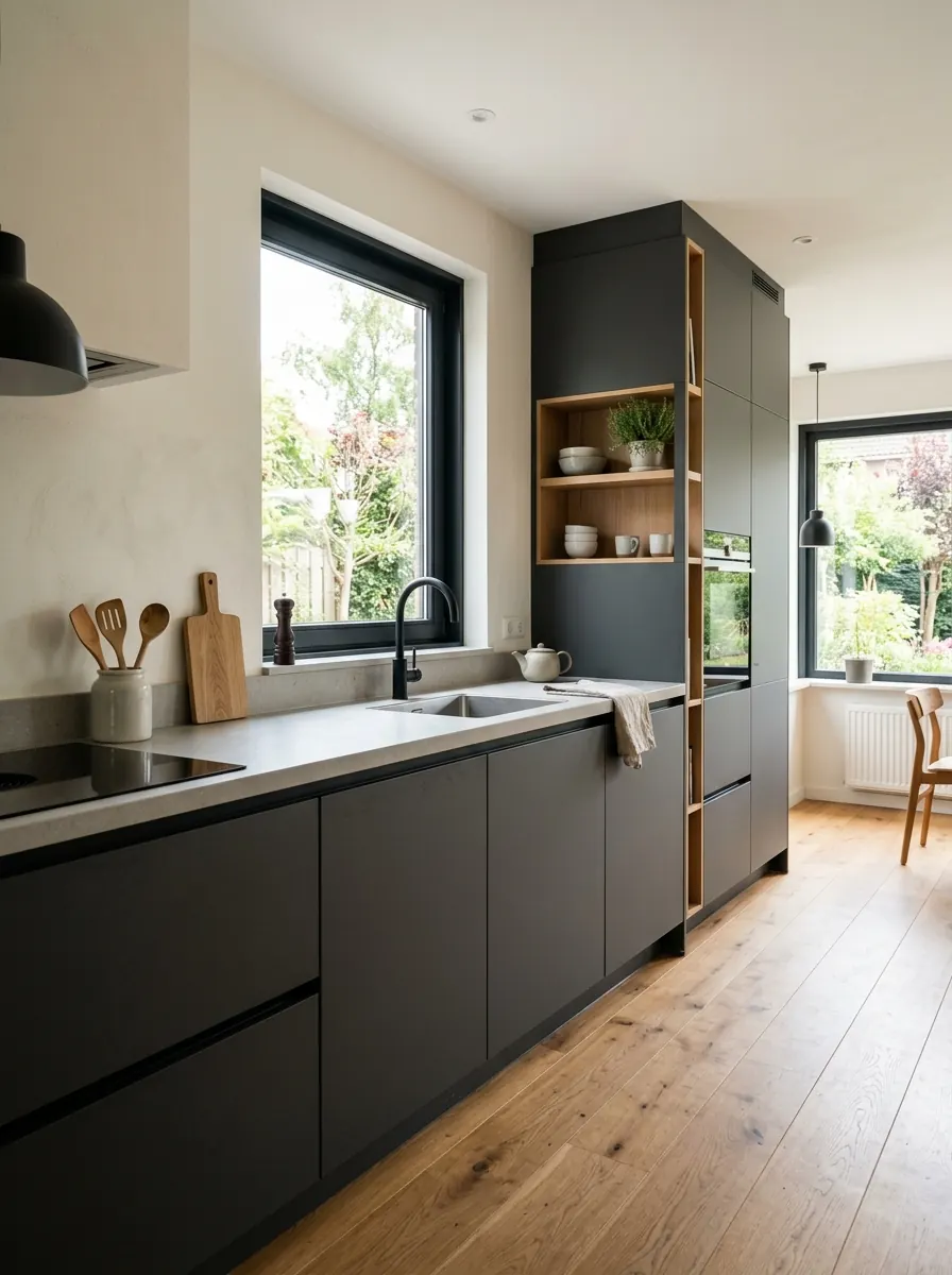 Antracietgrijze keuken met matte fronten, mat zwarte kranen en houtaccenten