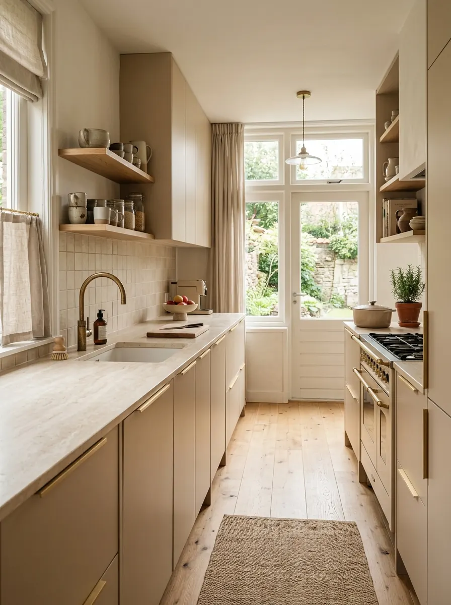 Beige keuken met zandkleurige fronten, een crème natuurstenen werkblad en messing kranen