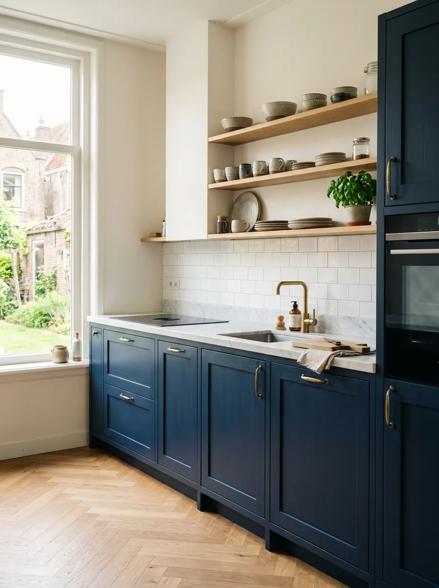 Blauwe keuken met diepblauwe shaker-fronten, messing grepen en een licht natuurstenen werkblad
