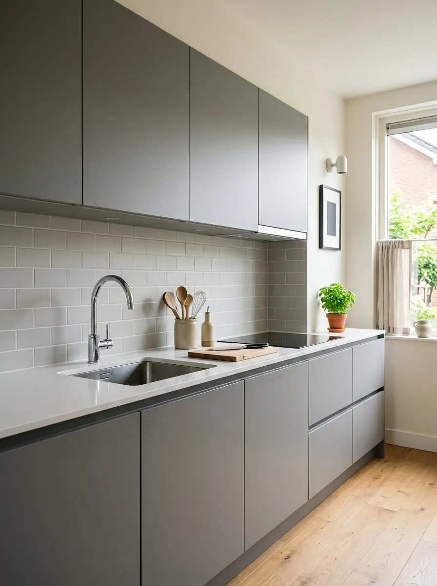 Grijze keuken met matte fronten en een wit composiet werkblad