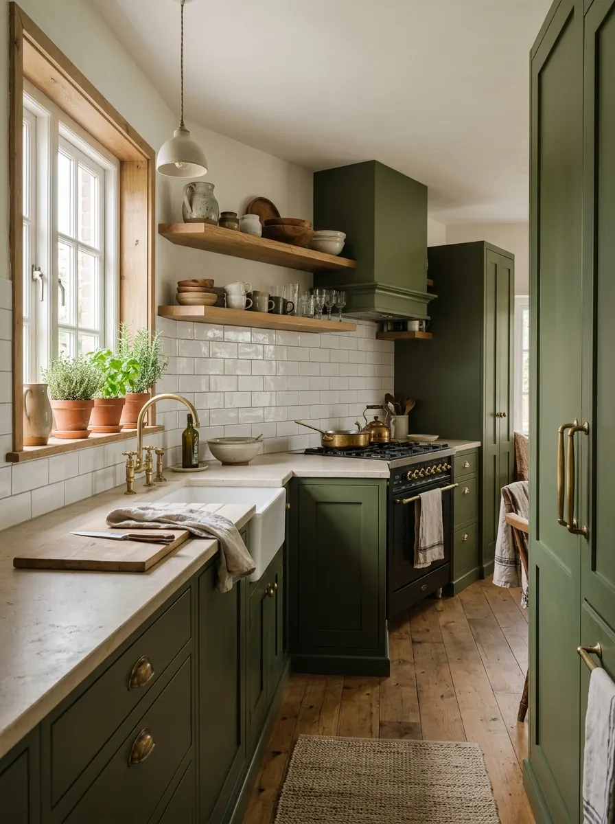 Groene keuken met olijfgroene shaker-fronten, messing grepen en open planken