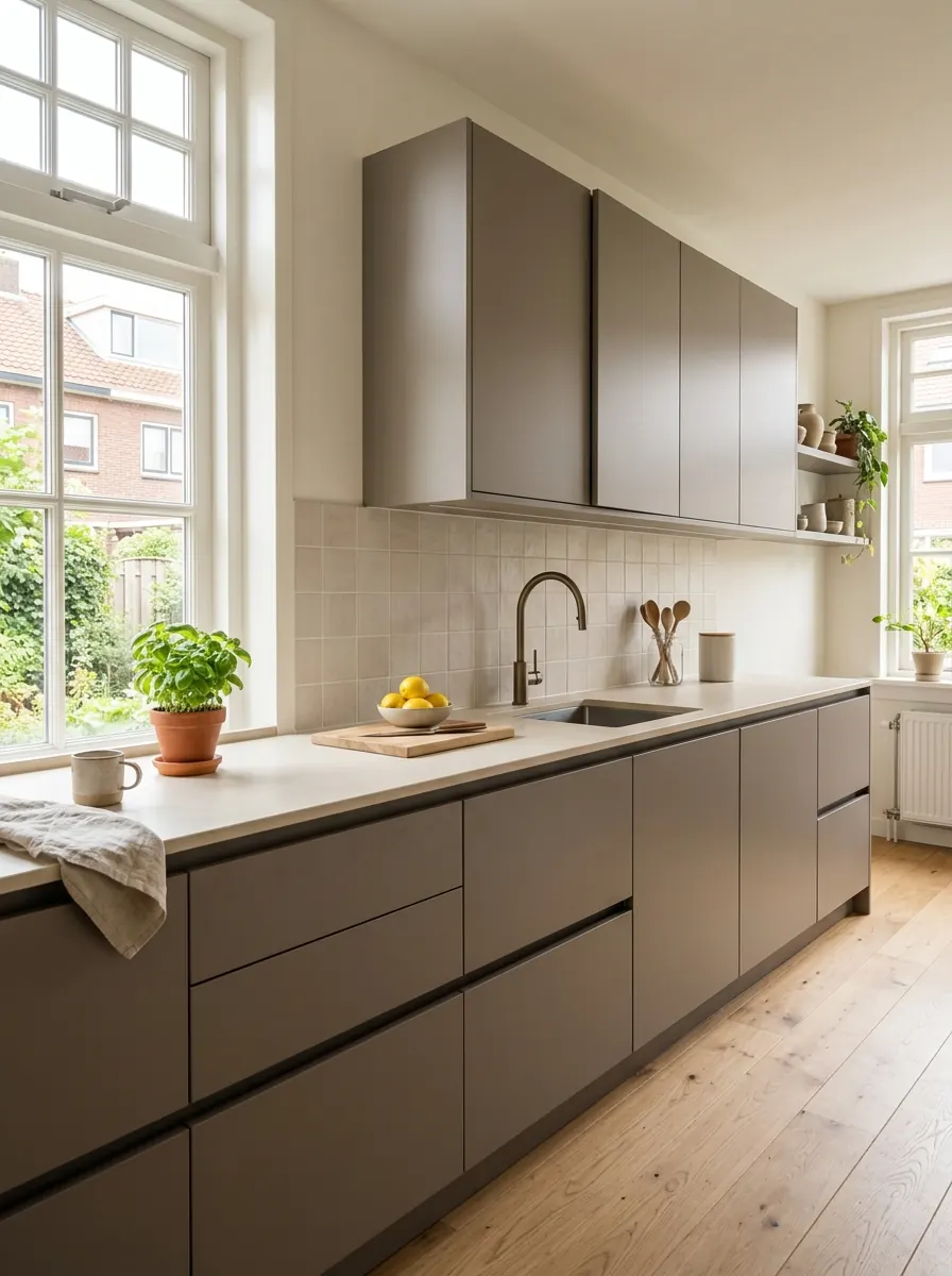 Taupe keuken met warme grijsbruine fronten en een crème composiet werkblad