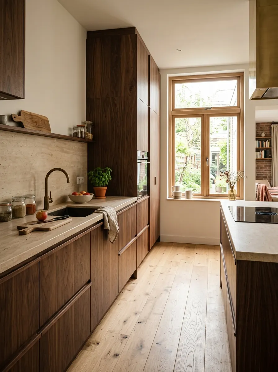 Walnoten keuken met donkere houtnerf, messing details en een licht natuurstenen werkblad