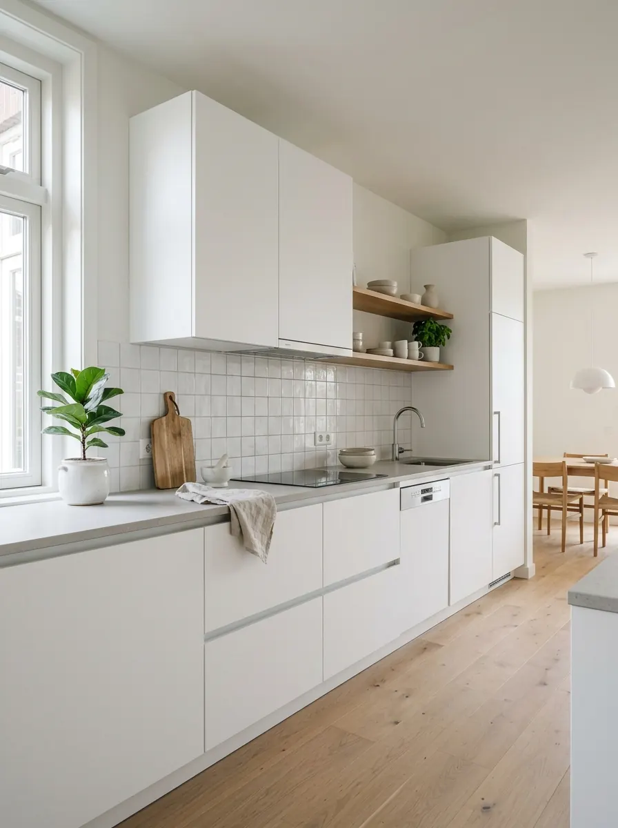 Witte keuken met matte grepenloze fronten en een lichtgrijs composiet werkblad