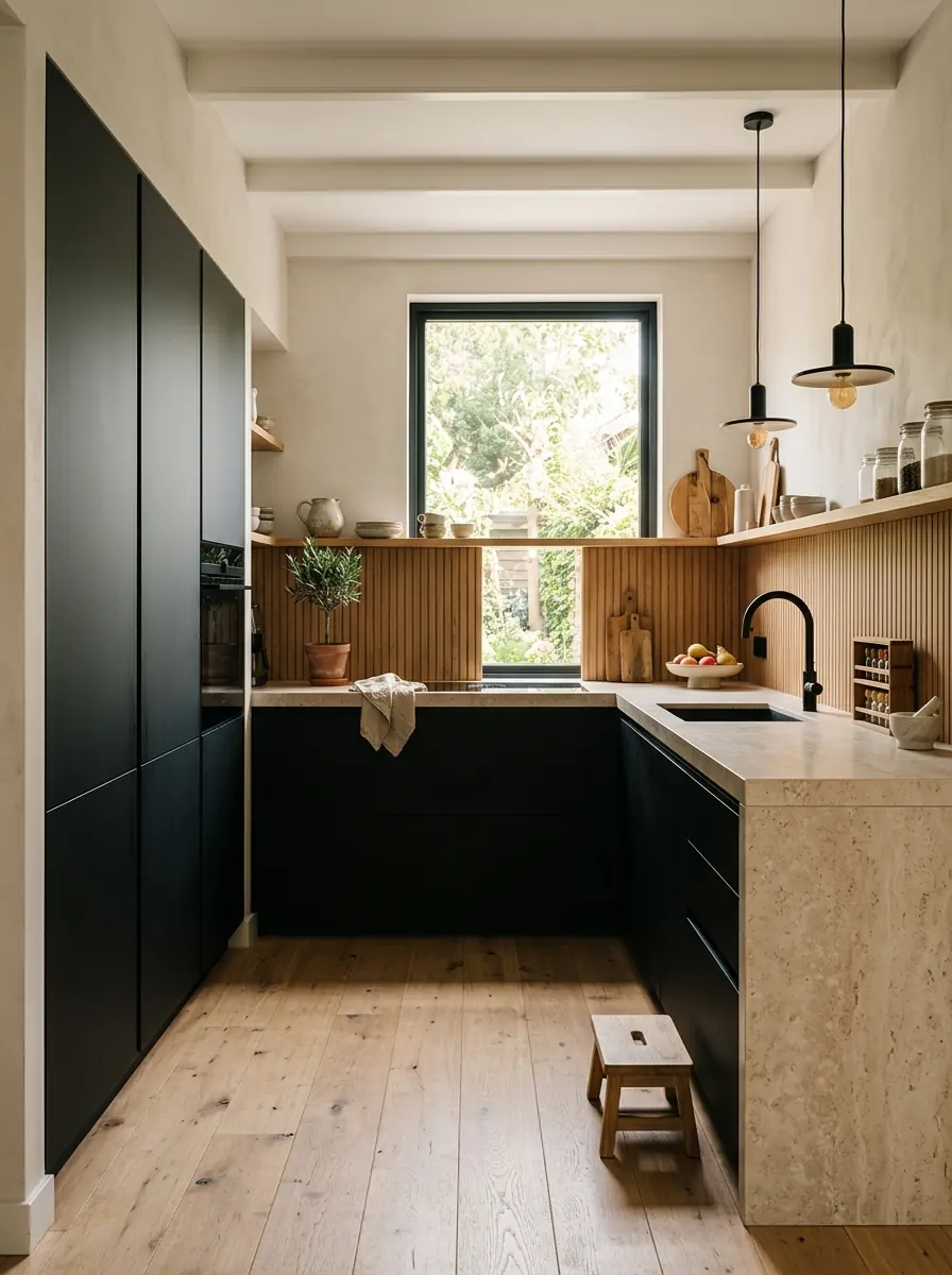 Zwarte keuken met matte fronten, een licht natuurstenen werkblad en houten accenten
