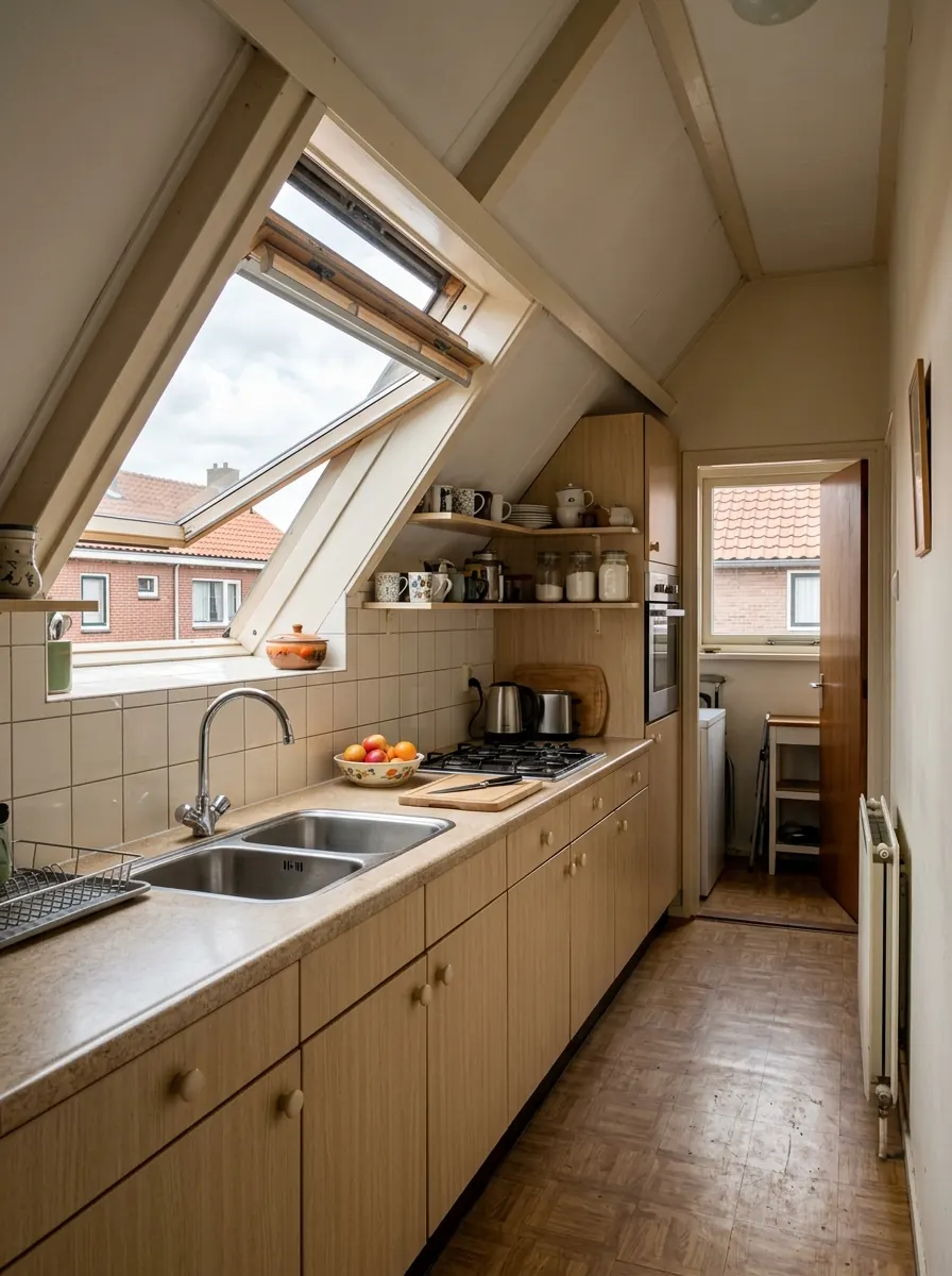 Keuken in een jarenzestig rijtjeswoning met een dakkapel en dakraam