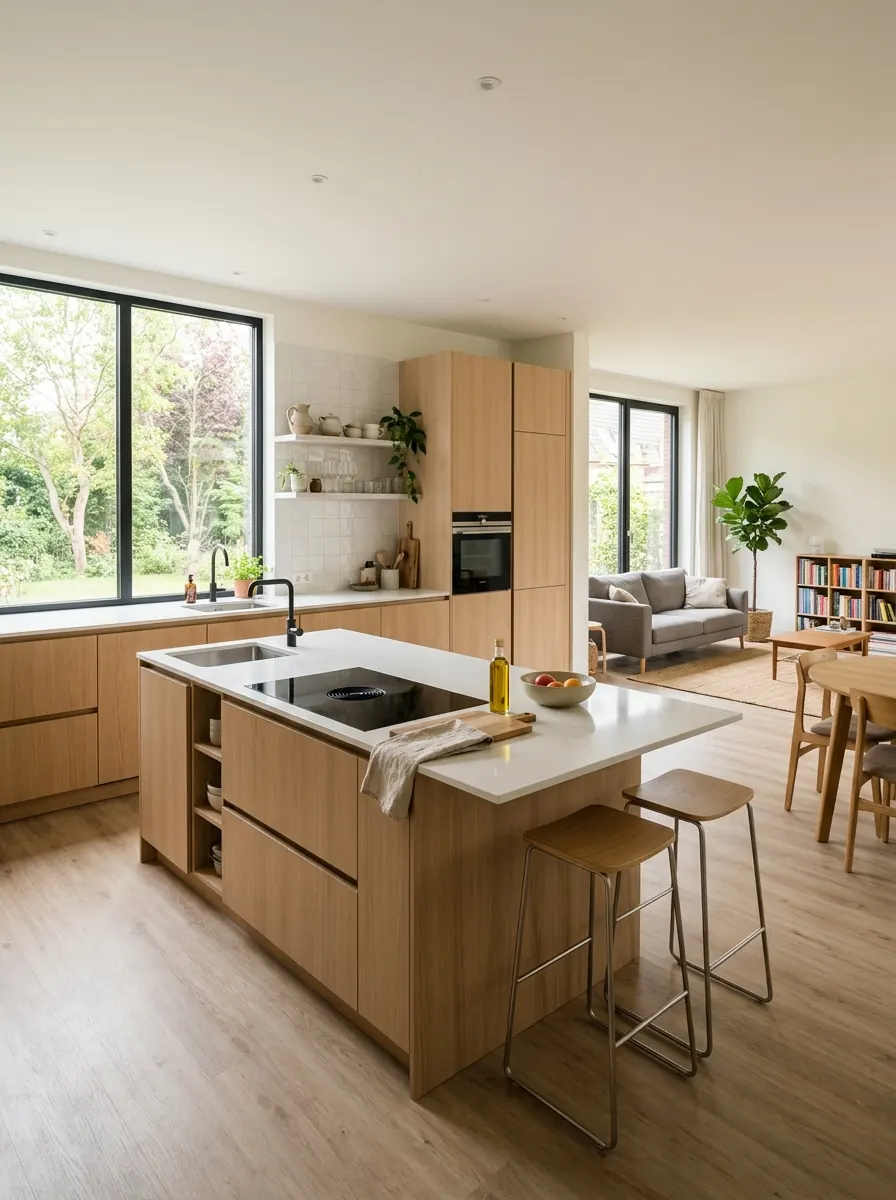 Open keuken in een nieuwbouwwoning met kookeiland en veel daglicht