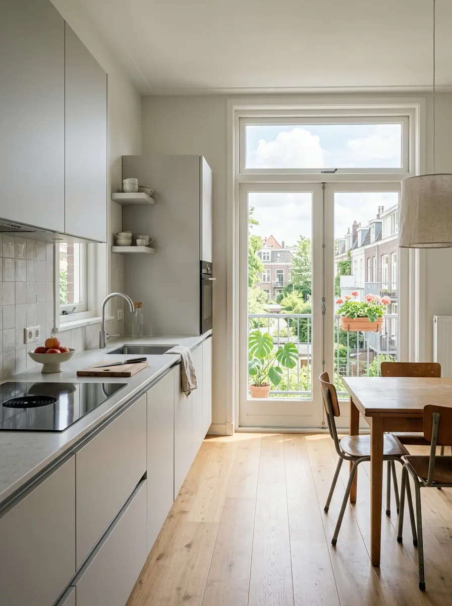 Keuken in een ruim naoorlogs appartement met balkondeuren