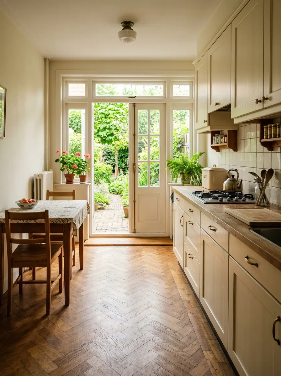 Keuken in een jarenvijftig doorzonwoning met tuindeuren aan het einde van de kamer