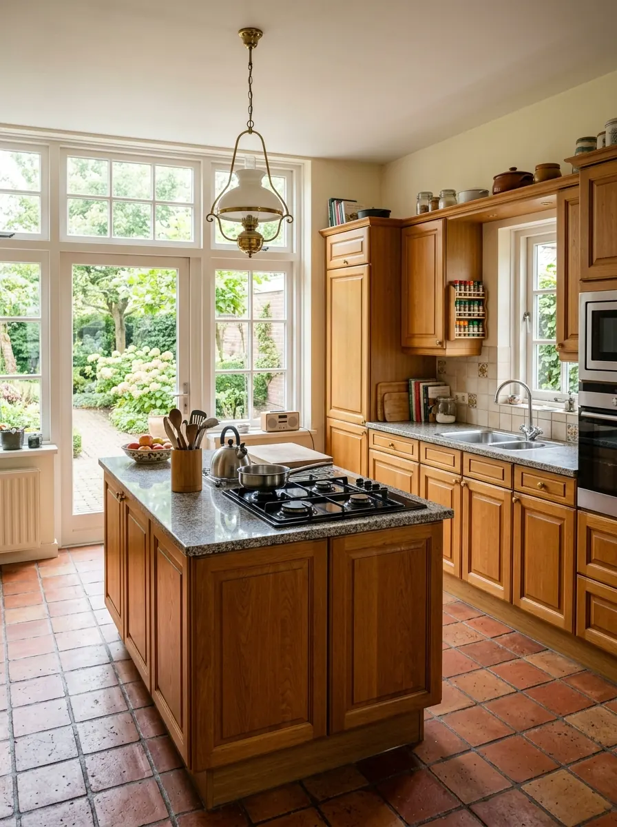 Keuken met kookeiland in een vrijstaande jarennegentig woning