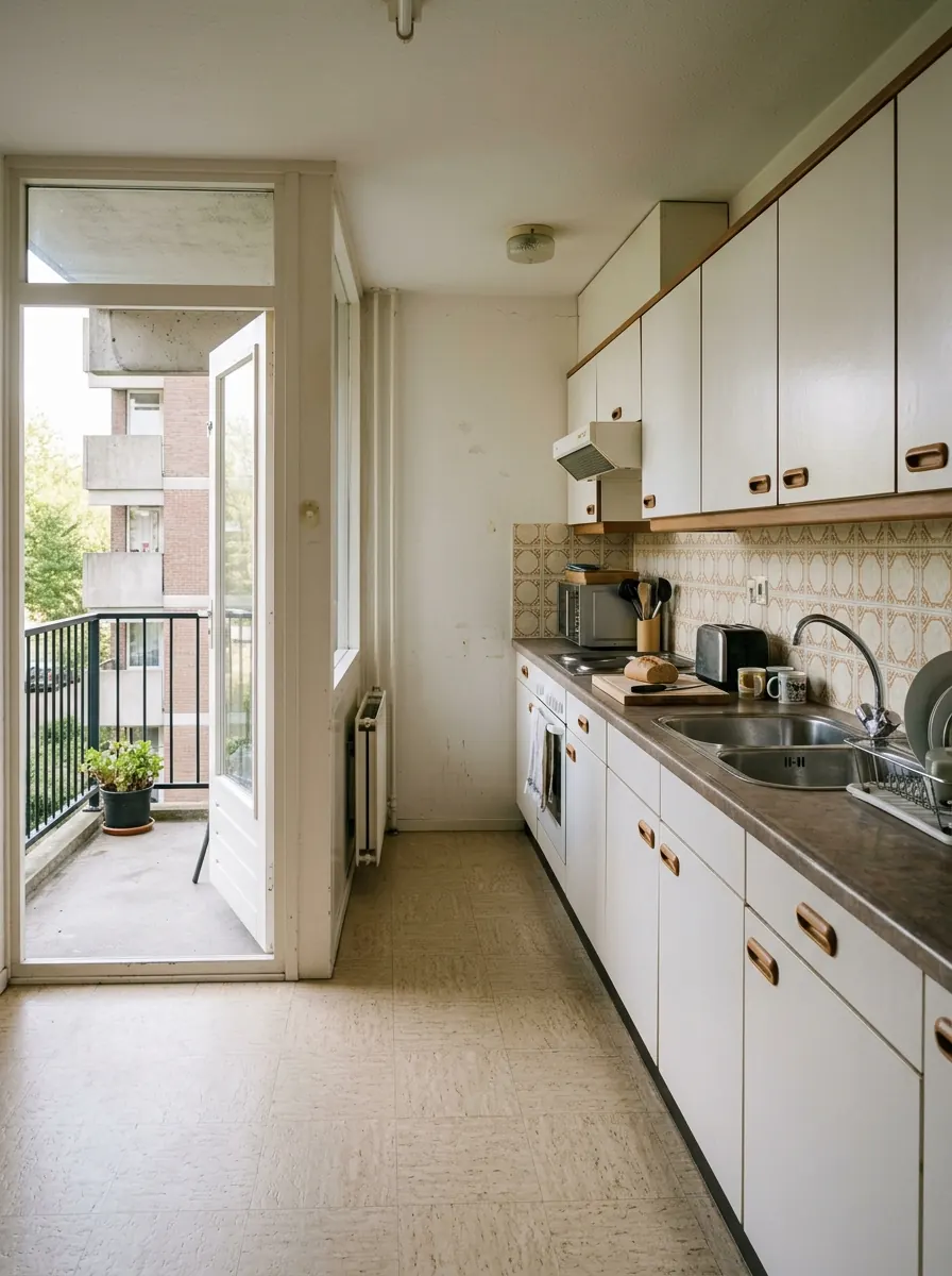 Keuken in een jarentachtig galerijflat met balkon aan de keukenzijde