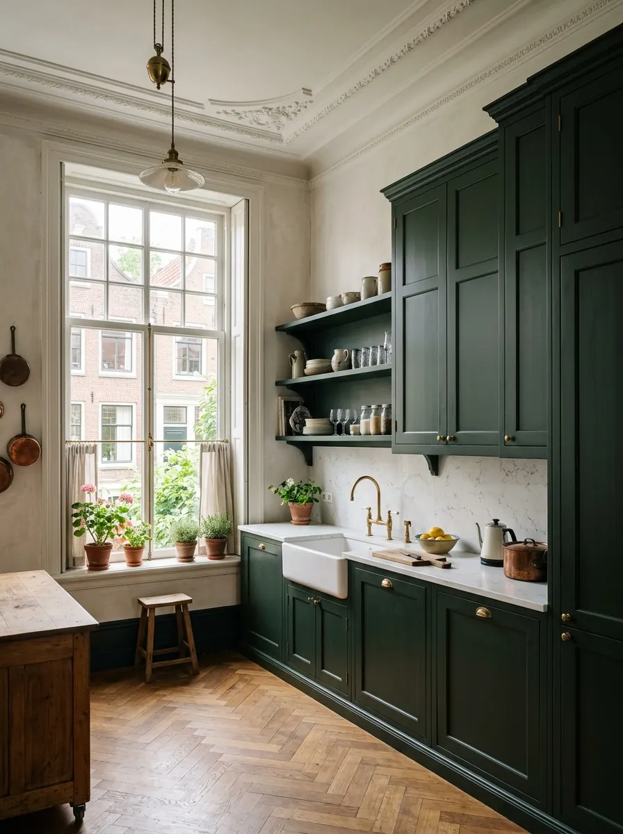 Keuken in een vooroorlogs herenhuis met hoge plafonds en sierlijst