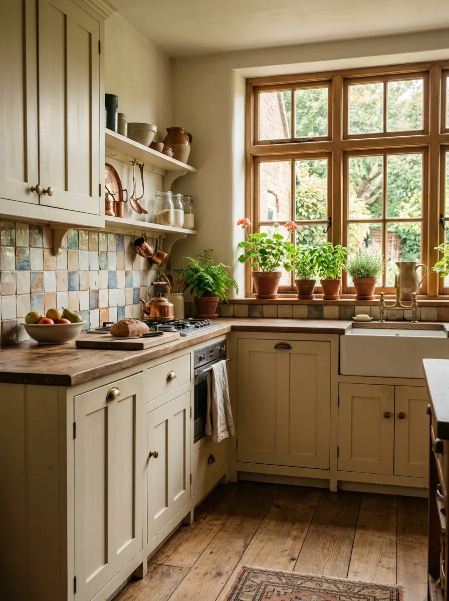 Keuken in een vooroorlogse woning met brede houten vloerdelen