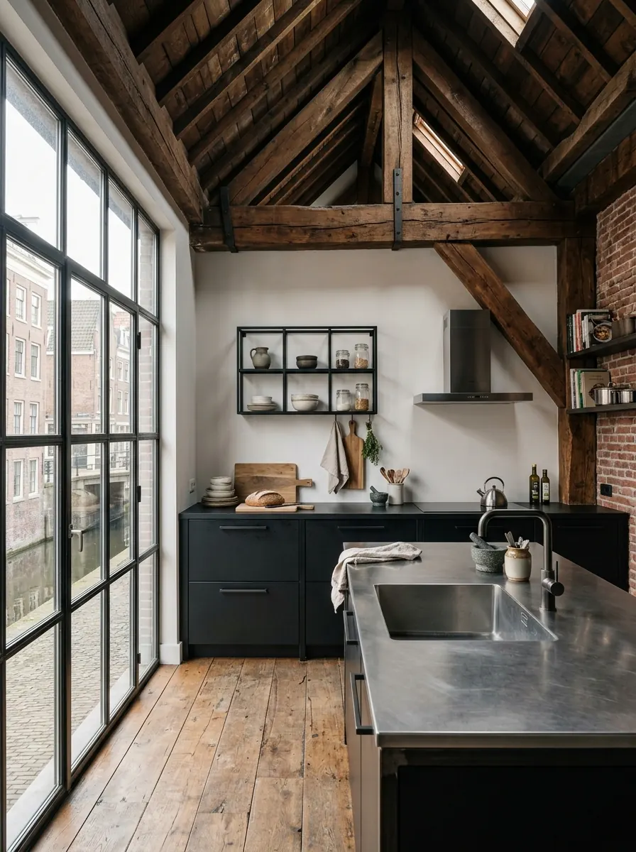 Keuken in een gerenoveerd pand met een zichtbaar balkenplafond