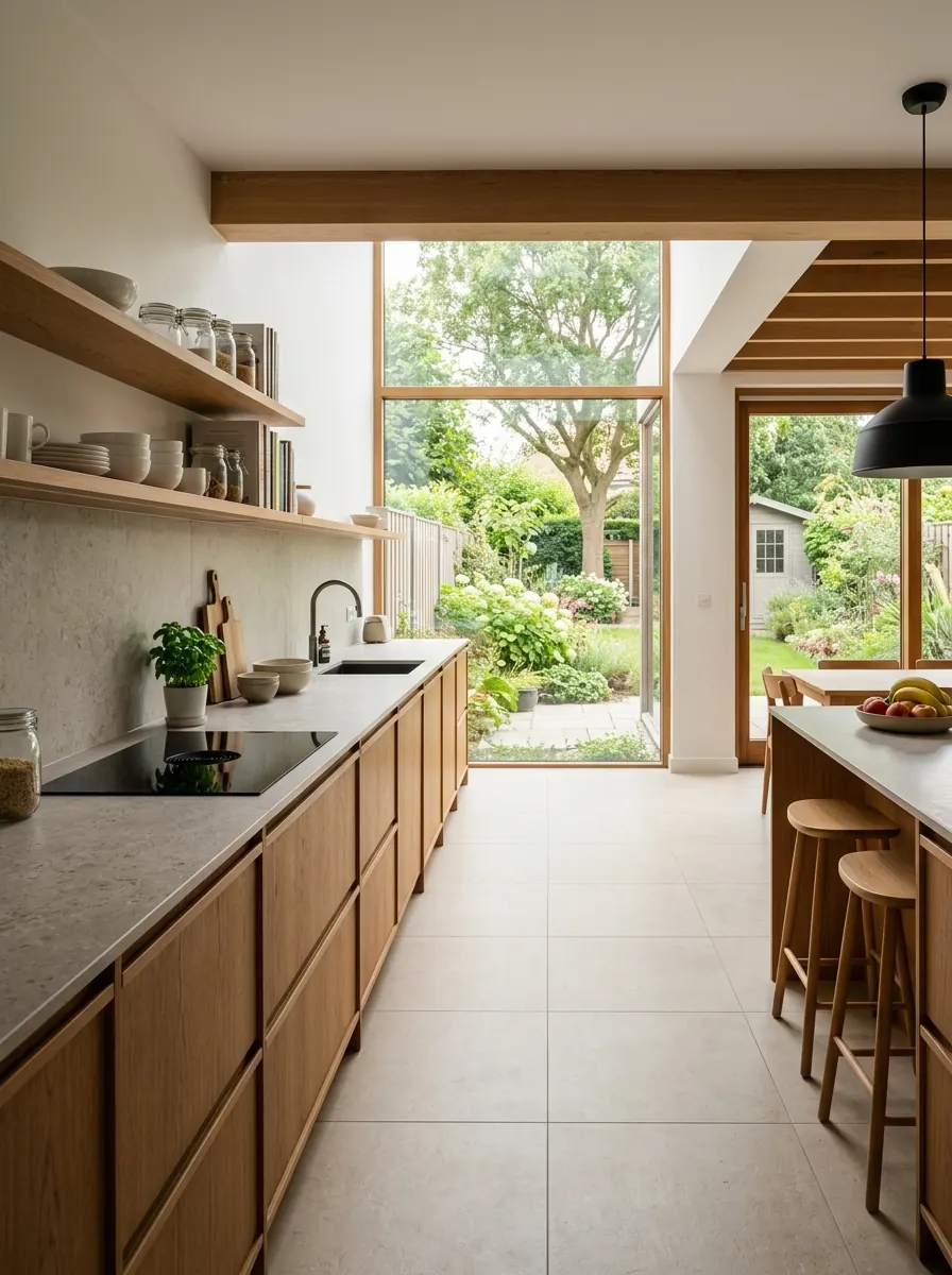 Keuken in een vrijstaande woning met een aanbouw en zicht op de tuin