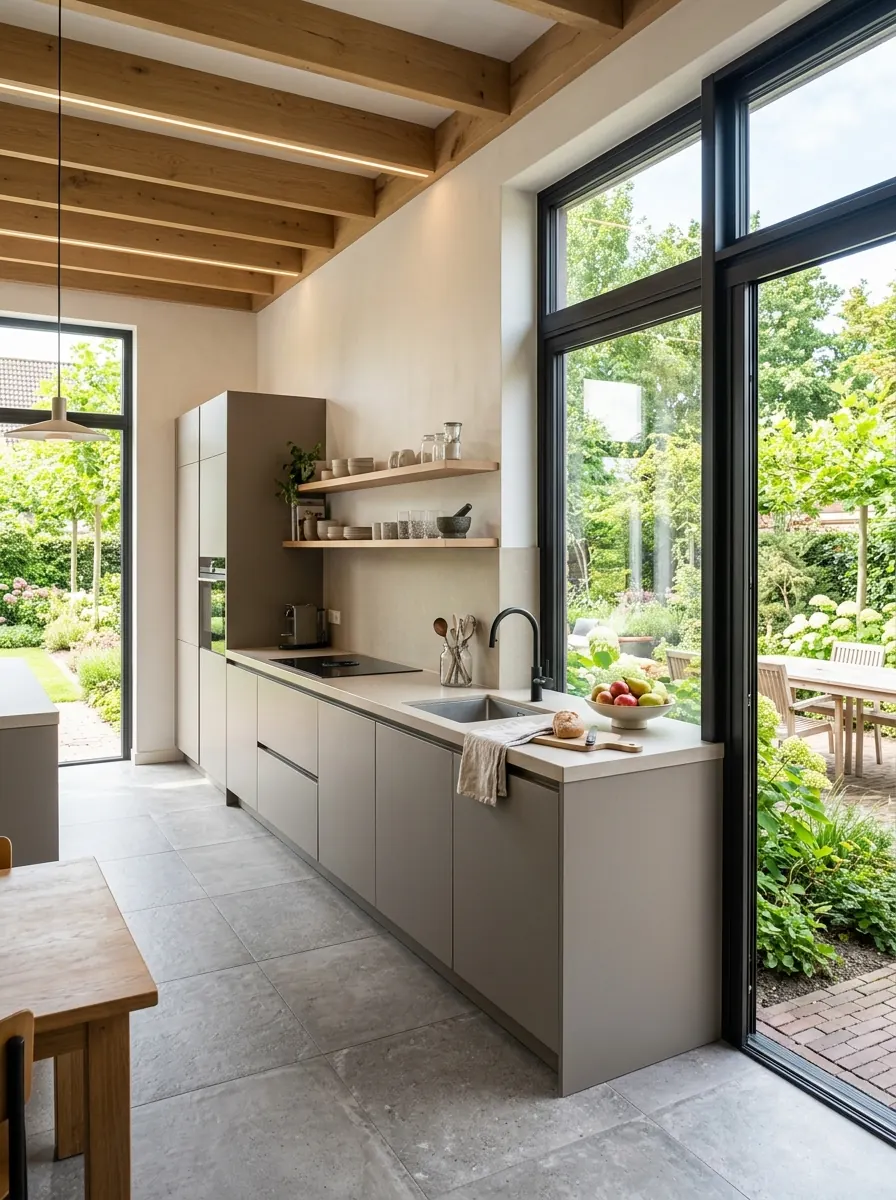 Ruime keuken in een vrijstaande woning met schuifdeuren naar de tuin