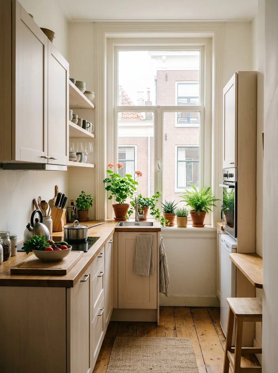 Compacte keuken in een bovenwoning met één hoog raam