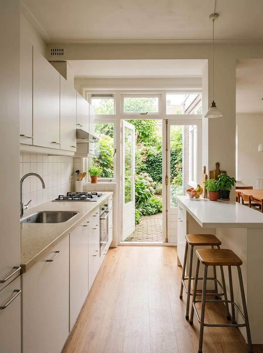 Open keuken in een jarentachtig rijtjeswoning met een ontbijtbar