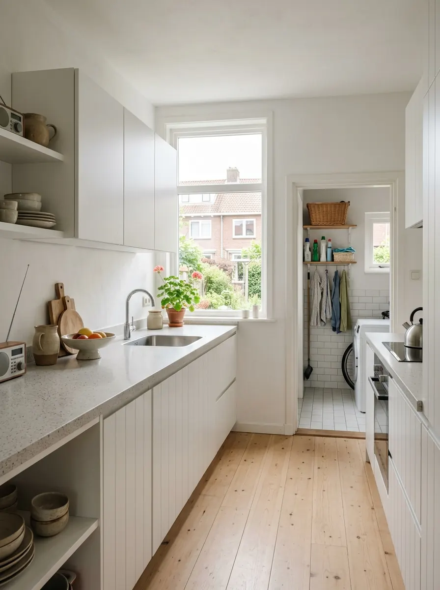 Ruime keuken in een naoorlogse woning met aangrenzende bijkeuken