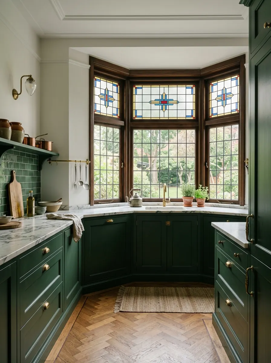 Keuken in een jarendertig villa met erker en glas-in-lood