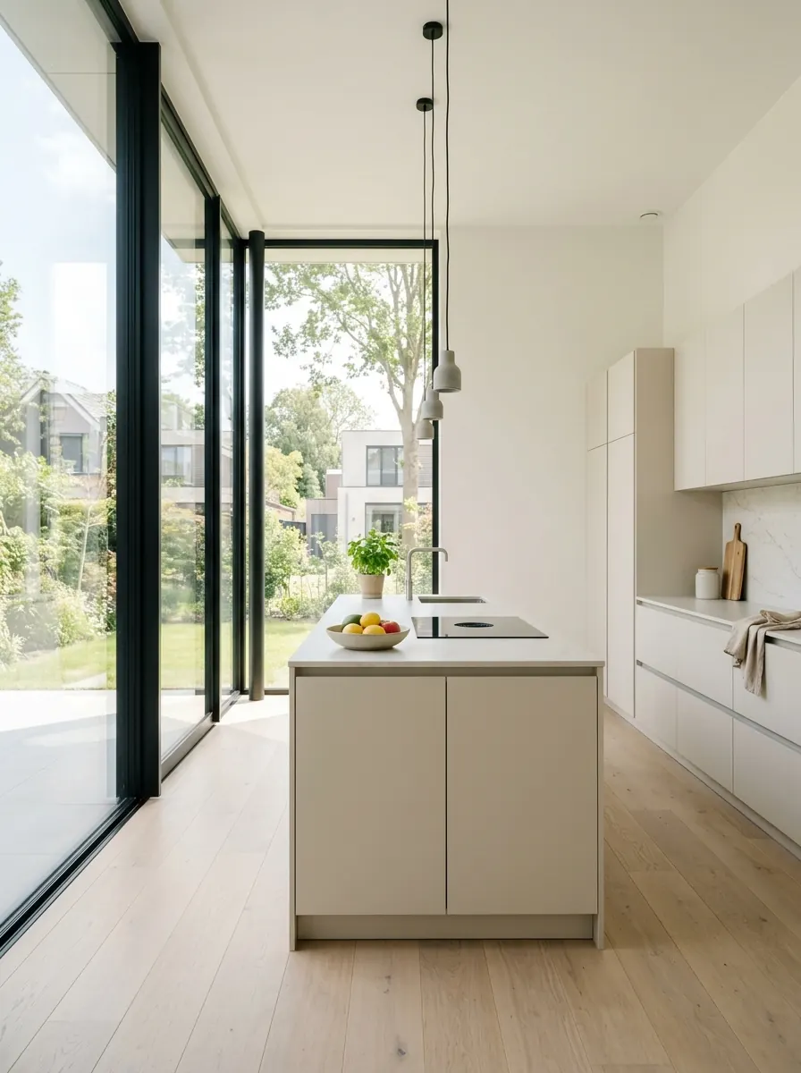 Strakke keuken in een nieuwbouwwoning met een hoge raamwand