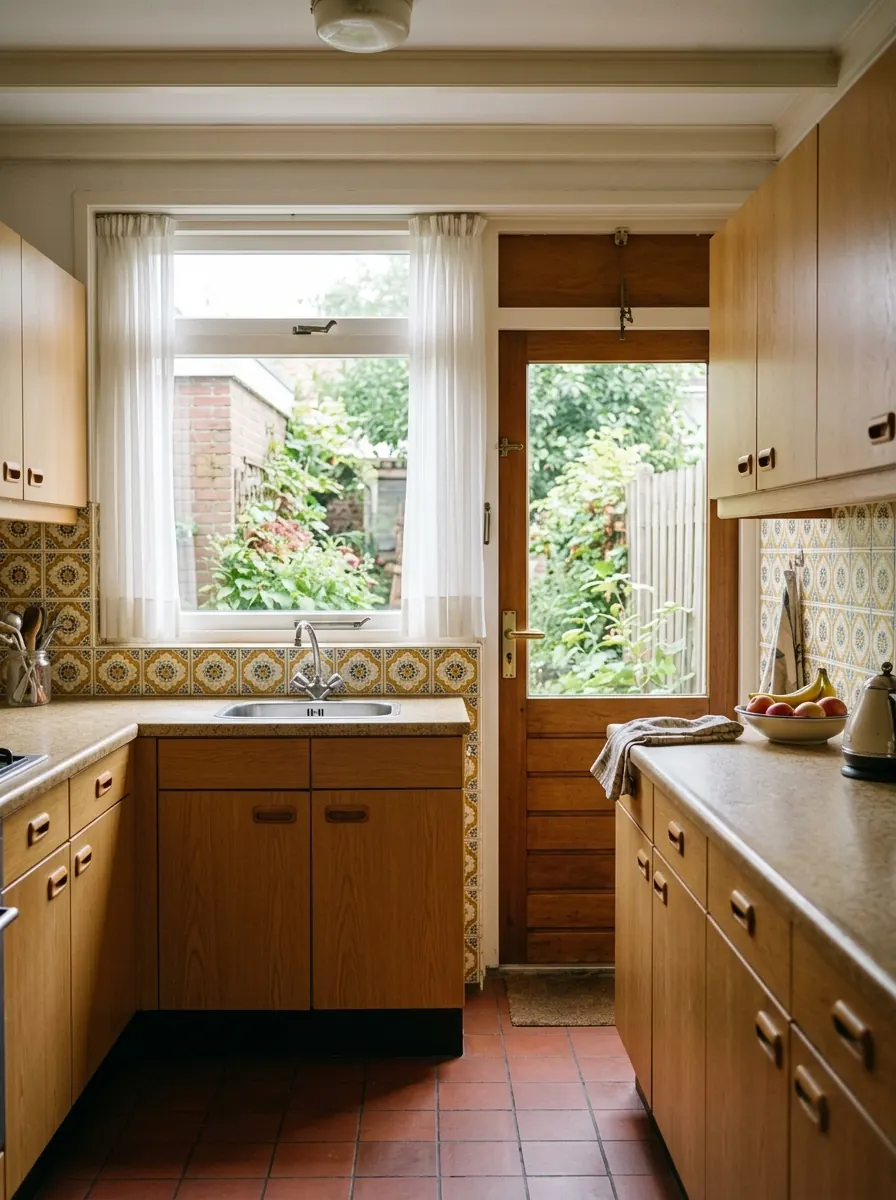Keuken aan de achterzijde van een jarenzestig hoekwoning