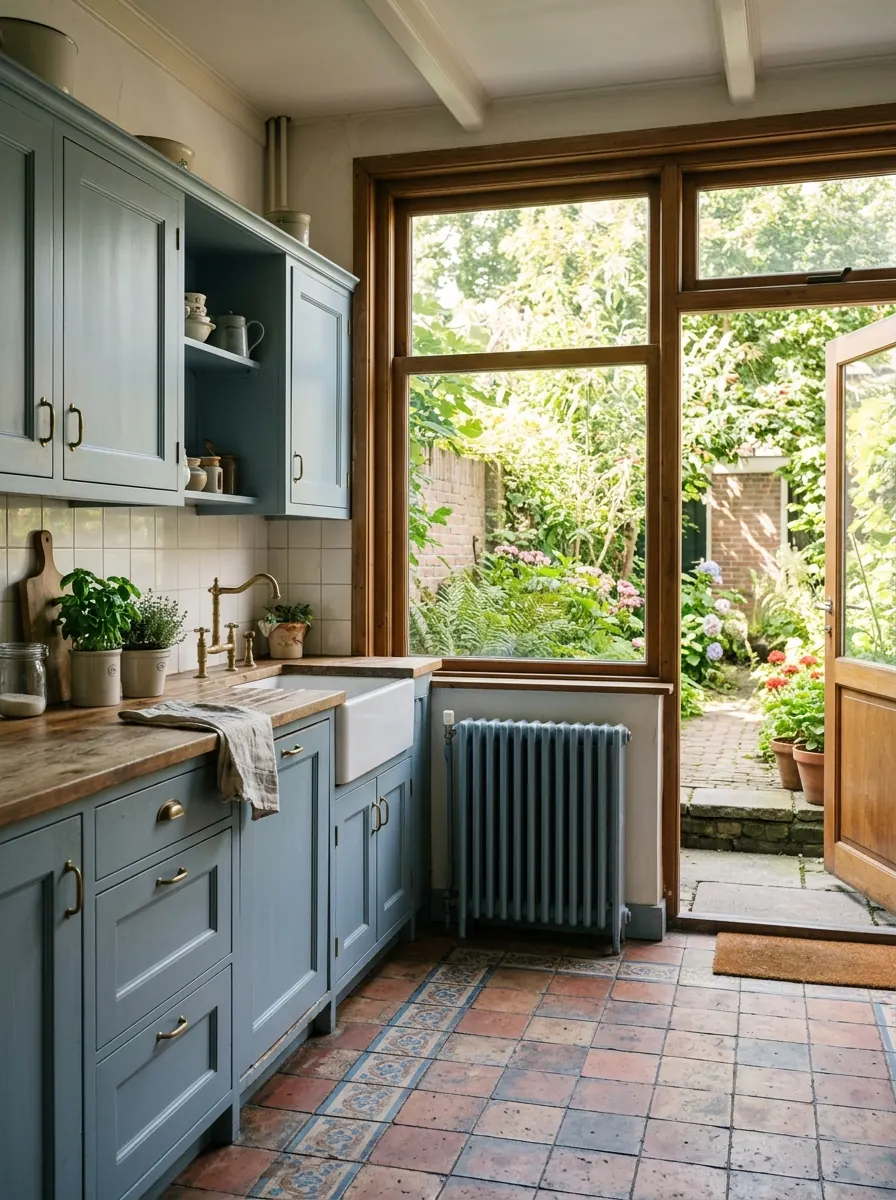 Keuken in een jarendertig benedenwoning met deur naar de tuin