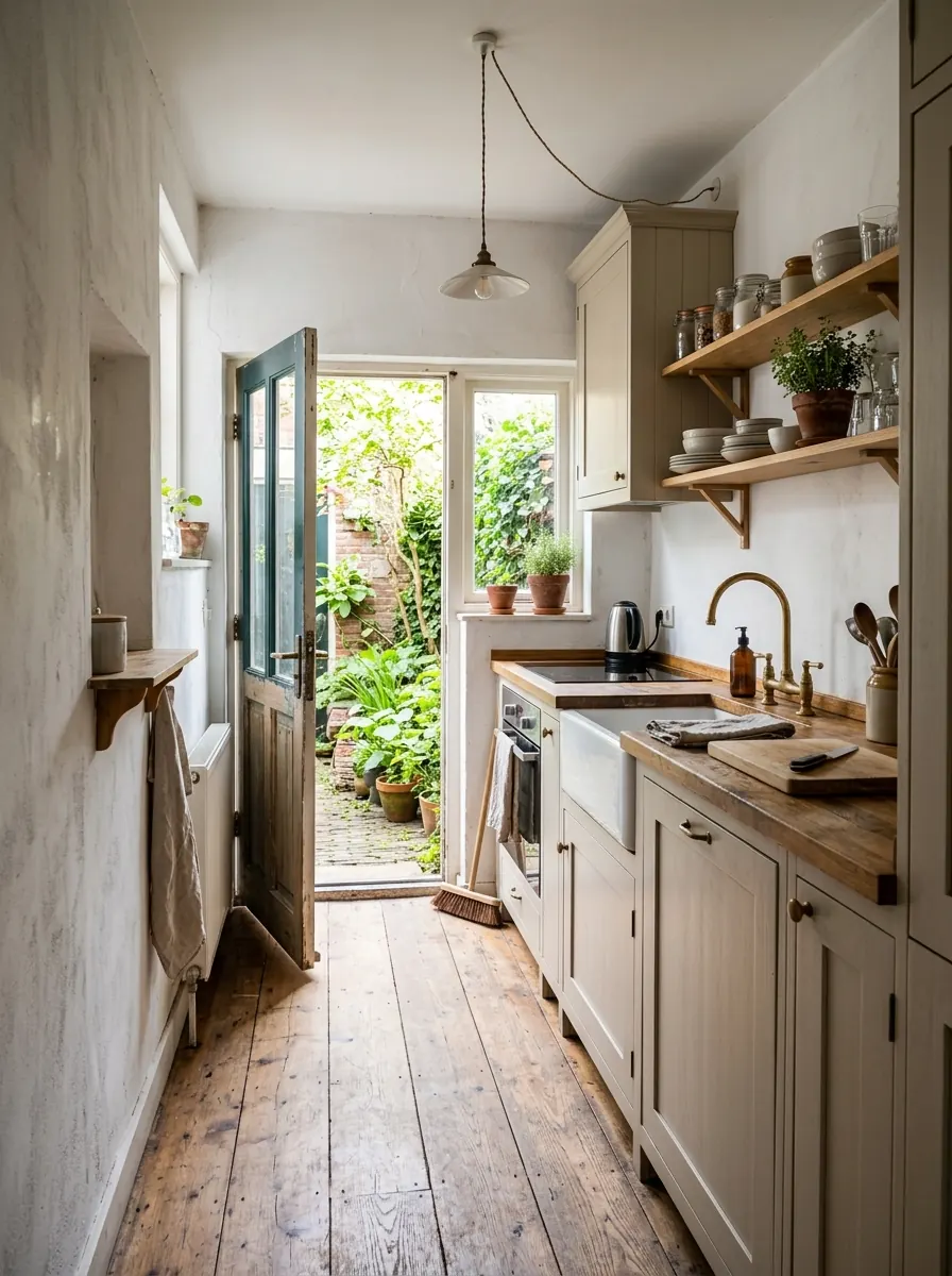 Compacte keuken in een smal oud stadshuis met deur naar een achterplaatsje