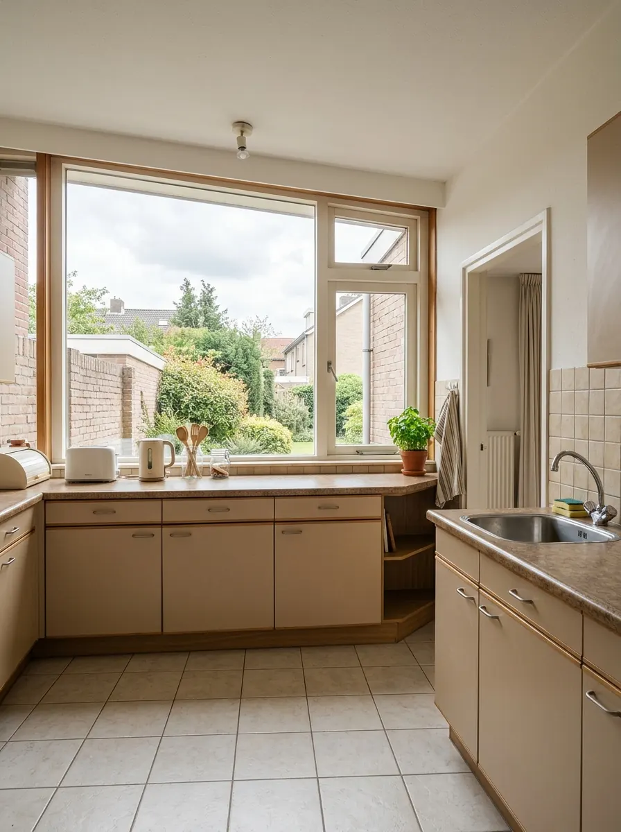 Keuken in een jarentachtig nieuwbouwwoning met een brede raampartij