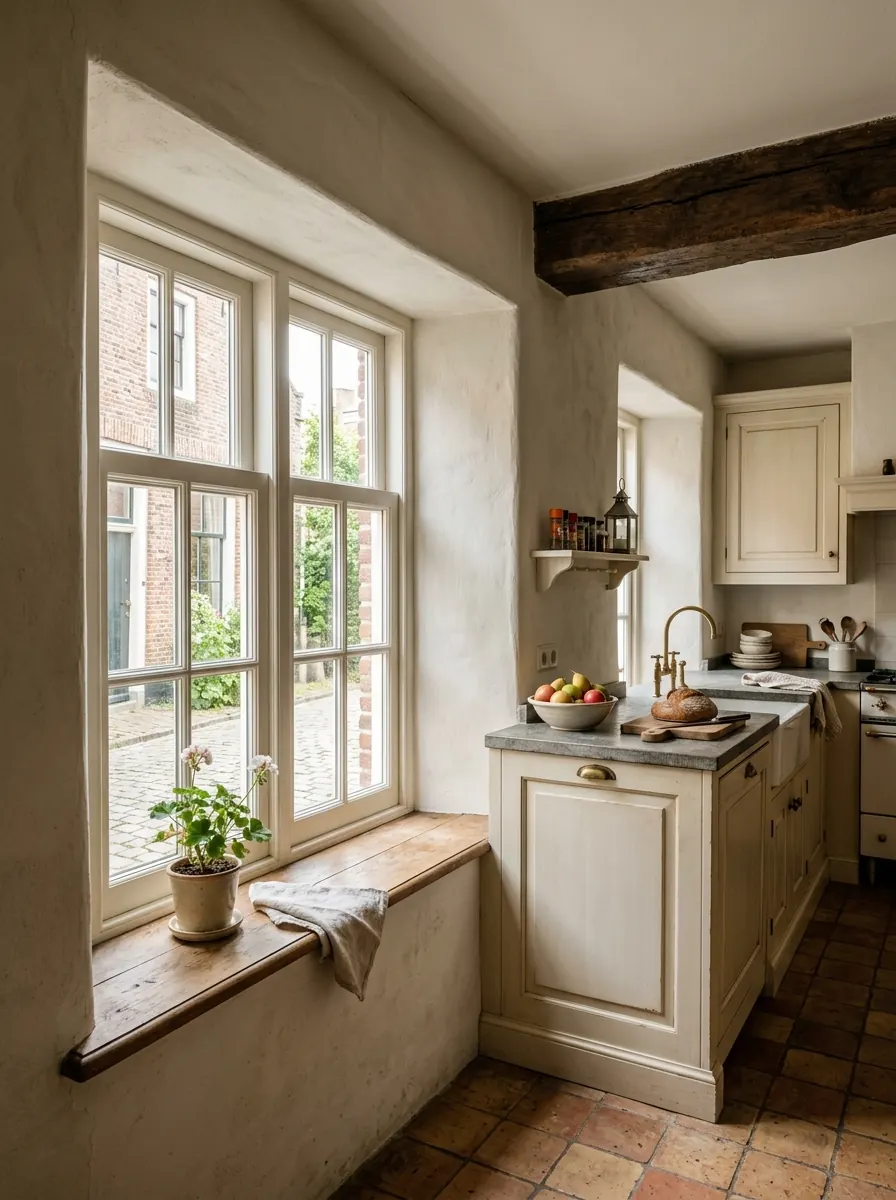 Keuken in een oud pand met dikke muren en een diepe vensterbank