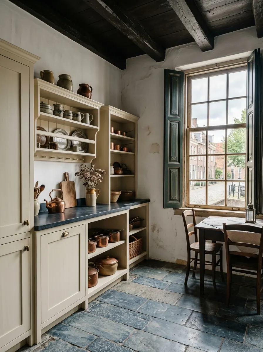 Keuken in een historisch pand met gestuukte wanden en houten luiken