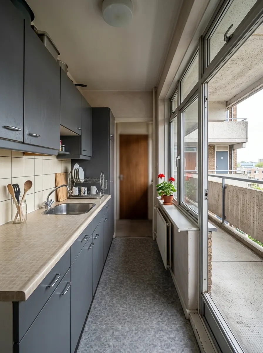 Smalle keuken in een jarenzeventig galerijflat