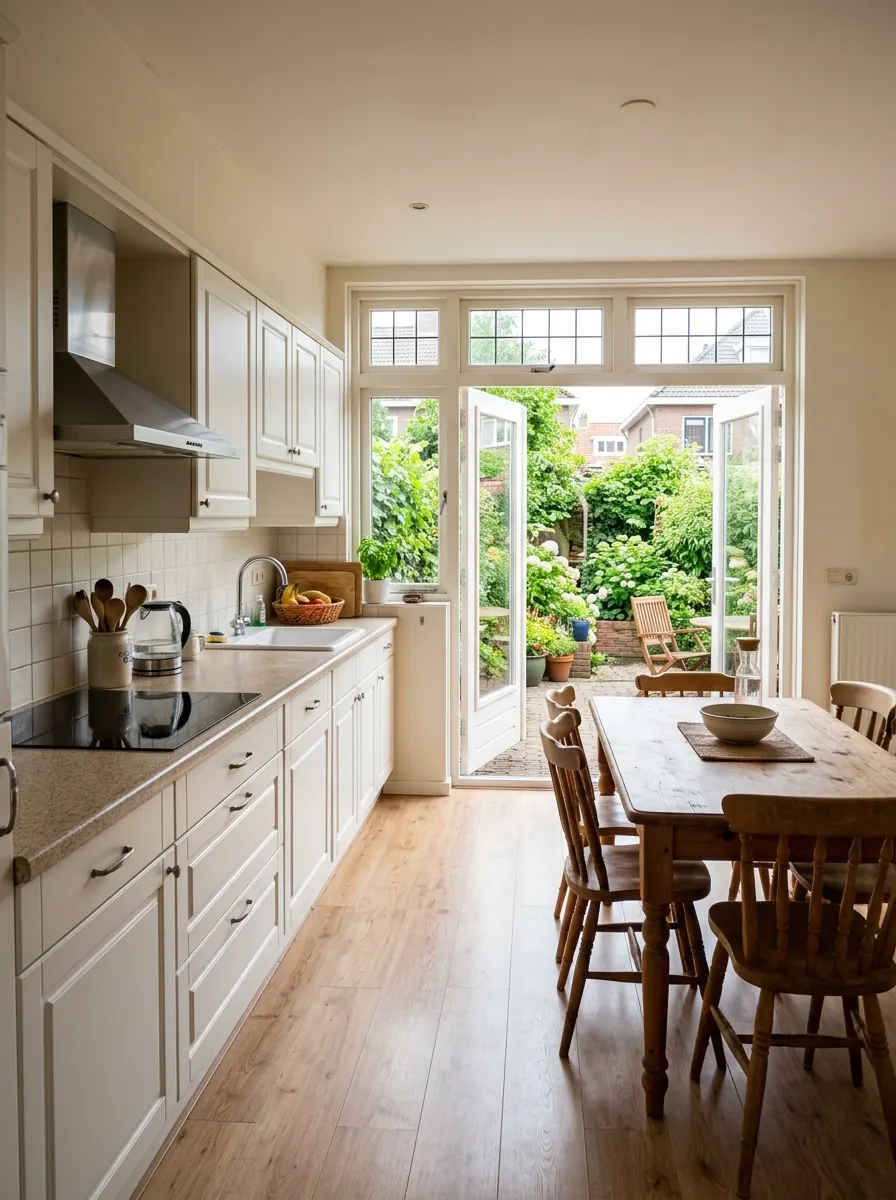 Open keuken in een jarennegentig rijtjeswoning met tuindeuren