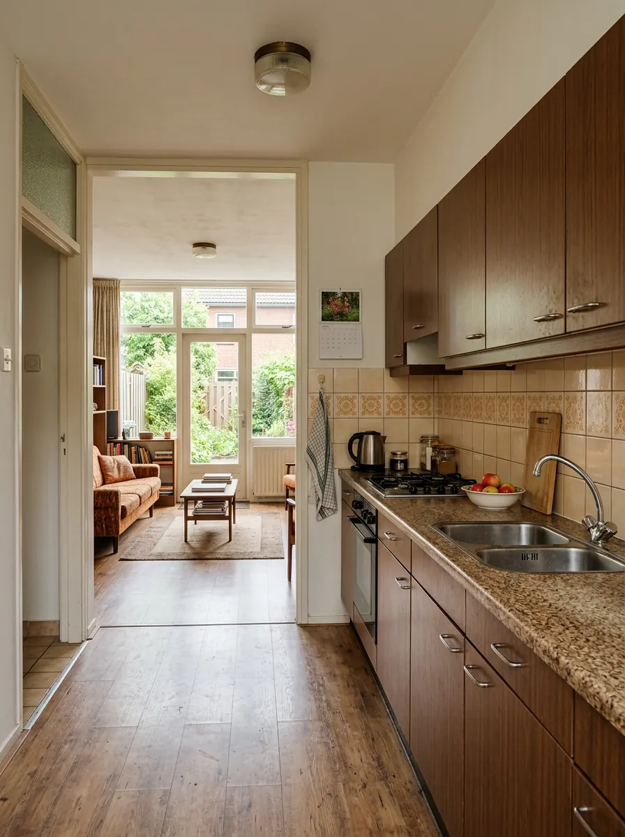 Keuken in een jarenzeventig rijtjeswoning met doorzonkamer