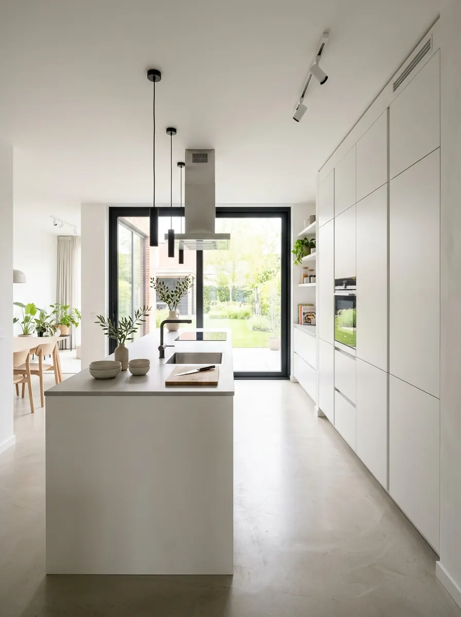Strakke open keuken in een nieuwbouwwoning met een hoge kastenwand