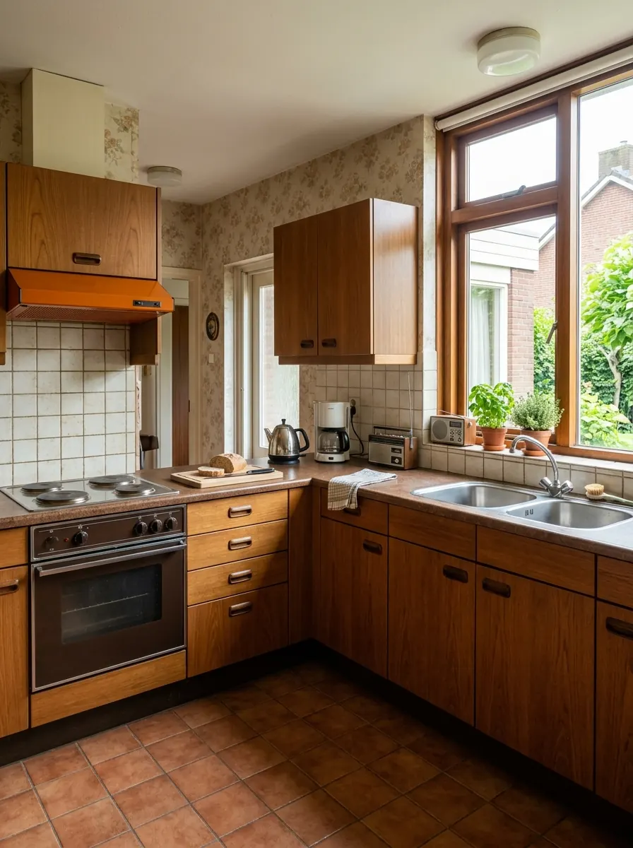 L-vormige keuken in een jarenzeventig geschakelde woning