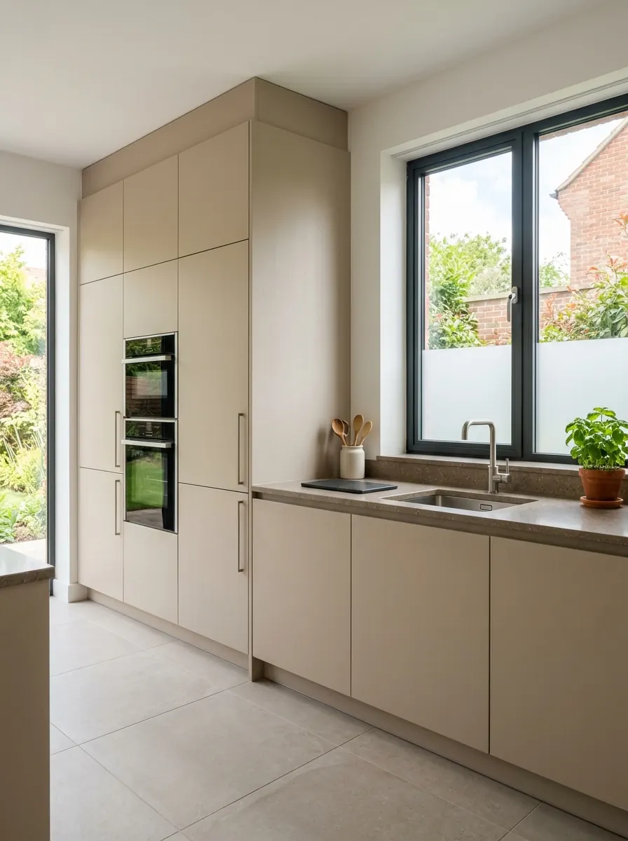 Keuken in een geschakelde woning met een brede keukenwand en hoge kasten