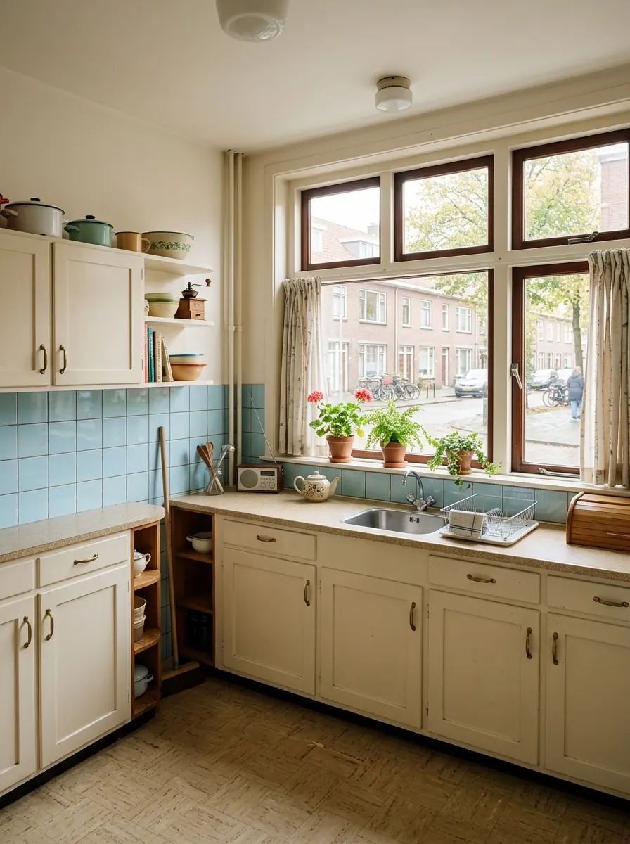 Keuken aan de straatzijde van een jarenvijftig portiekwoning