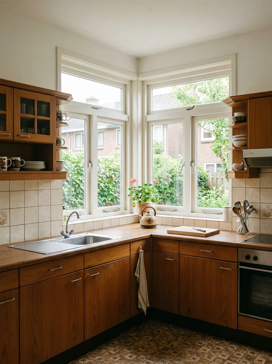 Keuken in een jarenzeventig hoekwoning met twee ramen op de hoek