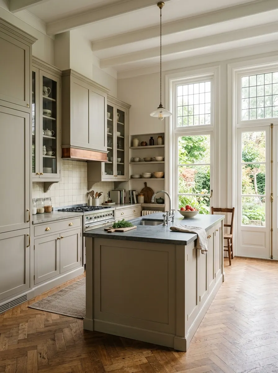 Royale keuken in een jarendertig villa met hoge ramen