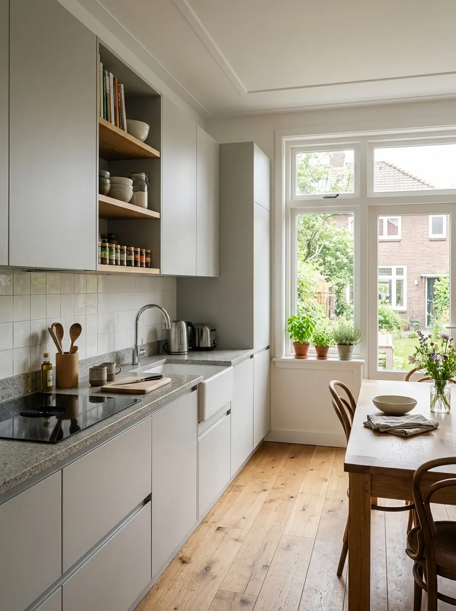 Keuken in een twee-onder-een-kapwoning met een zijraam boven het werkblad