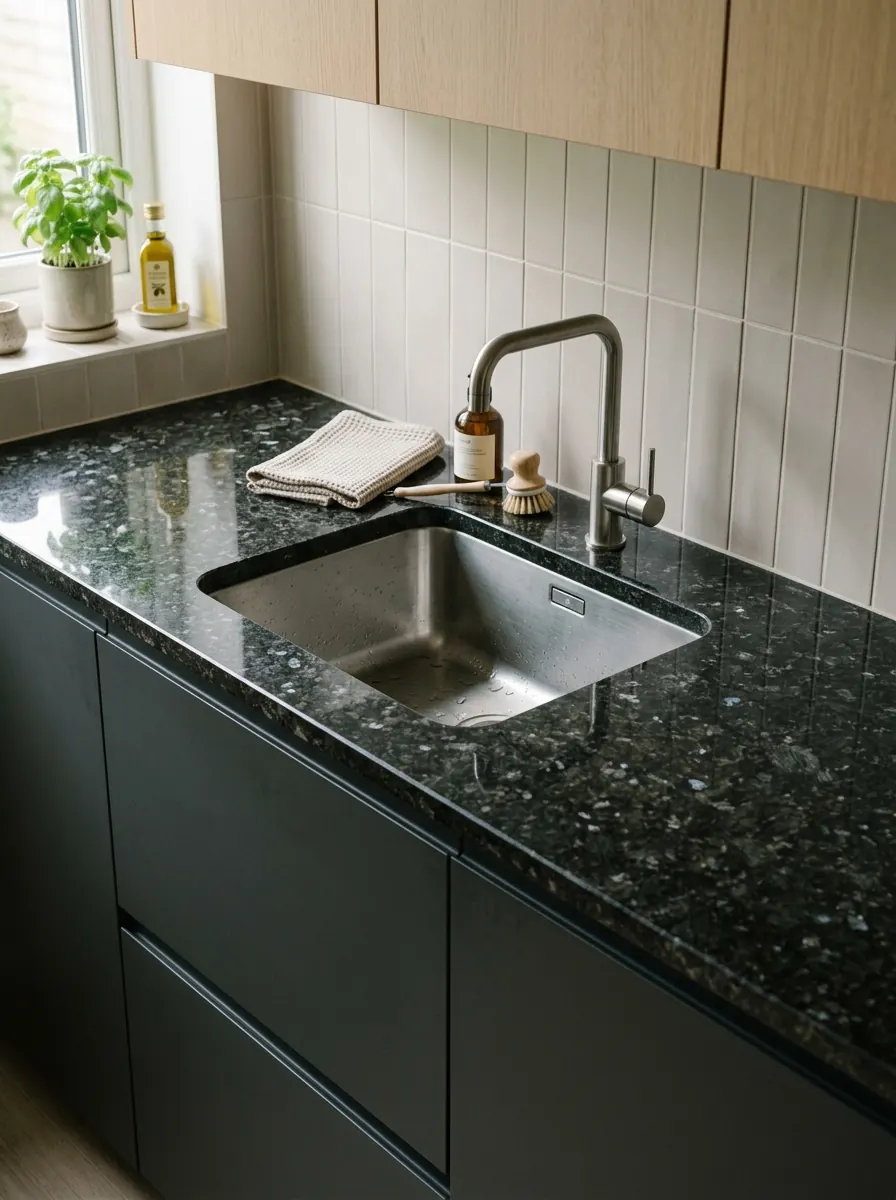 Gepolijst granieten werkblad met natuurlijke kristalspikkeling en een onderbouwspoelbak