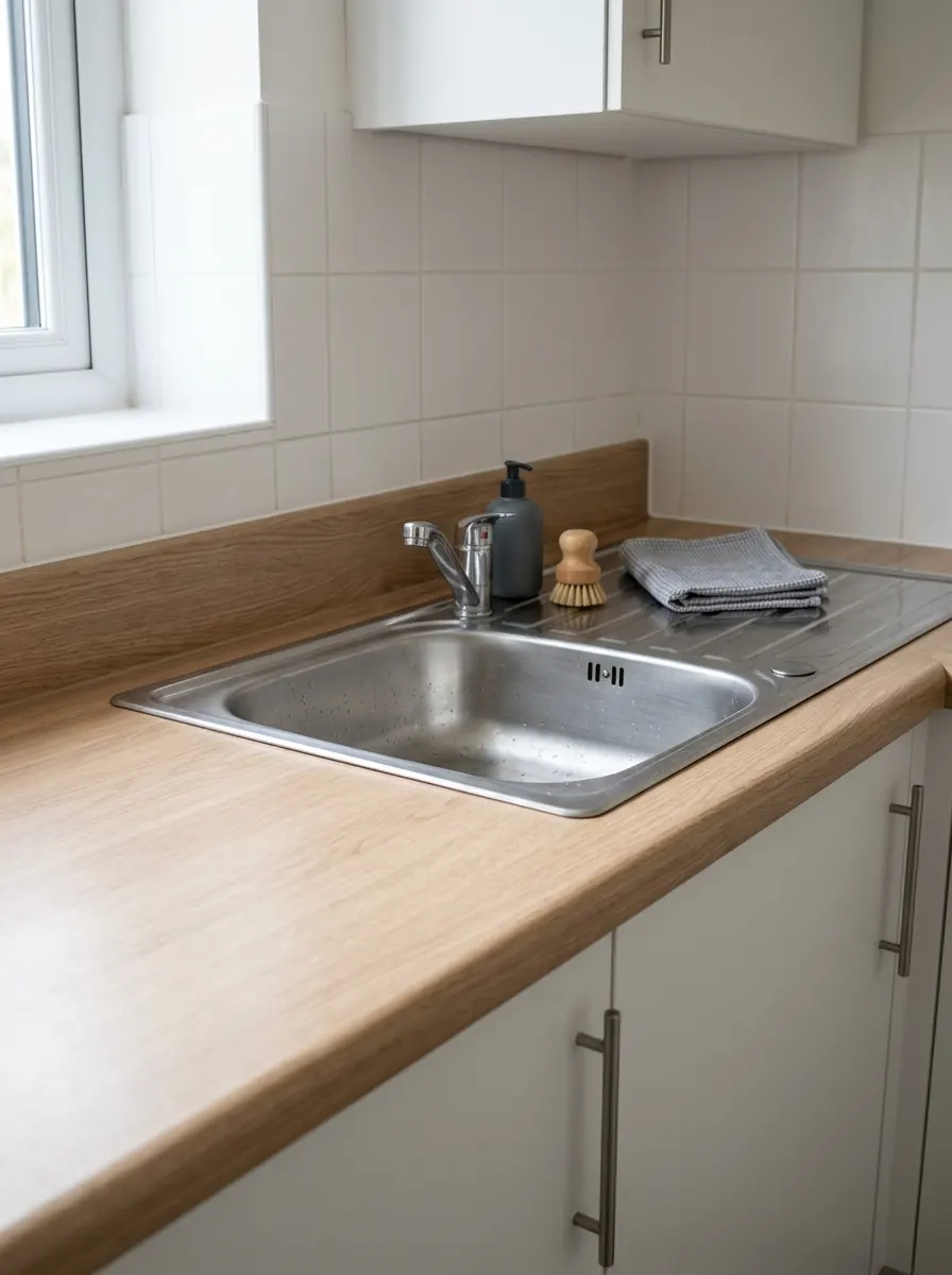 Kunststof werkblad met houtlook, afgeronde voorrand en een opbouwspoelbak